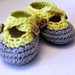 Crochet Two Strap Baby Booties, Gray And Yellow..