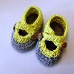 Crochet Two Strap Baby Booties, Gray And Yellow..