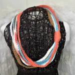 Scarf Necklace, Crochet Multi Strand In Peach,..