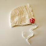 Crochet Baby Bonnet In Antique Ivory With Roses..