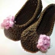Crochet slippers in chocolate brown with pink rose, so soft and comfy perfect Christmas gift SHIPS TODAY