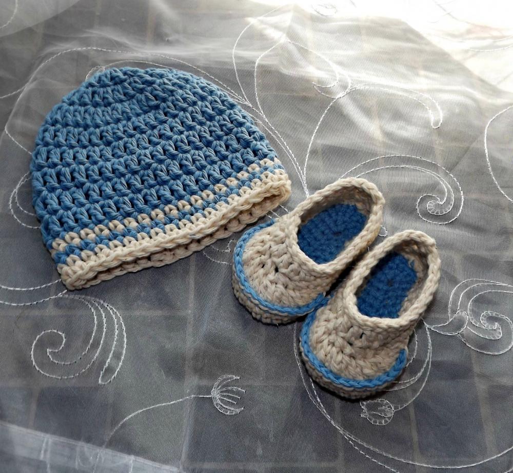 Hat And Booties, Baby Boy Gift Set, Crochet Blue And Cream Beanie With Loafer Booties