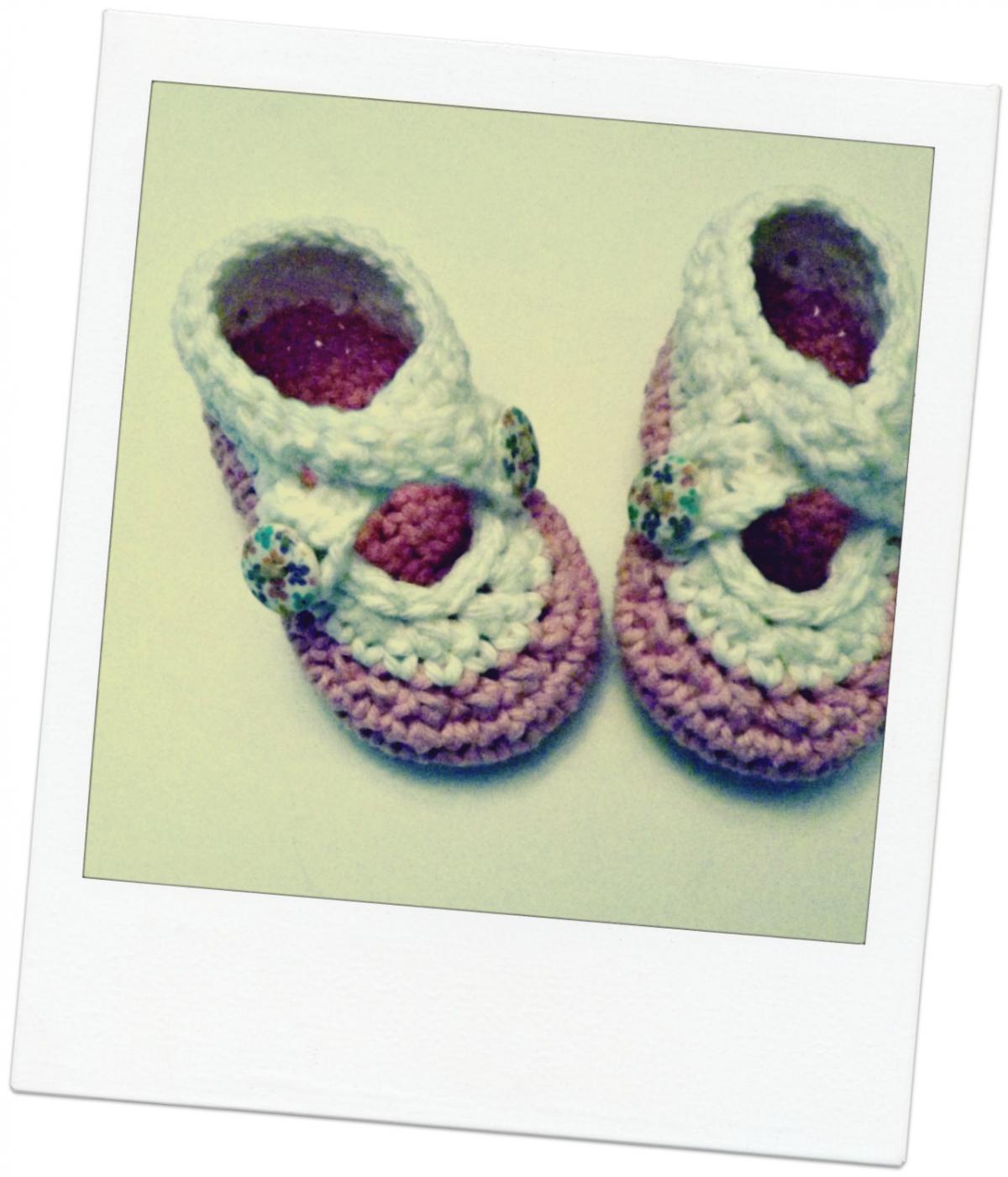 Crochet Two Strap Baby Booties, Antique Ivory And Pink Cotton