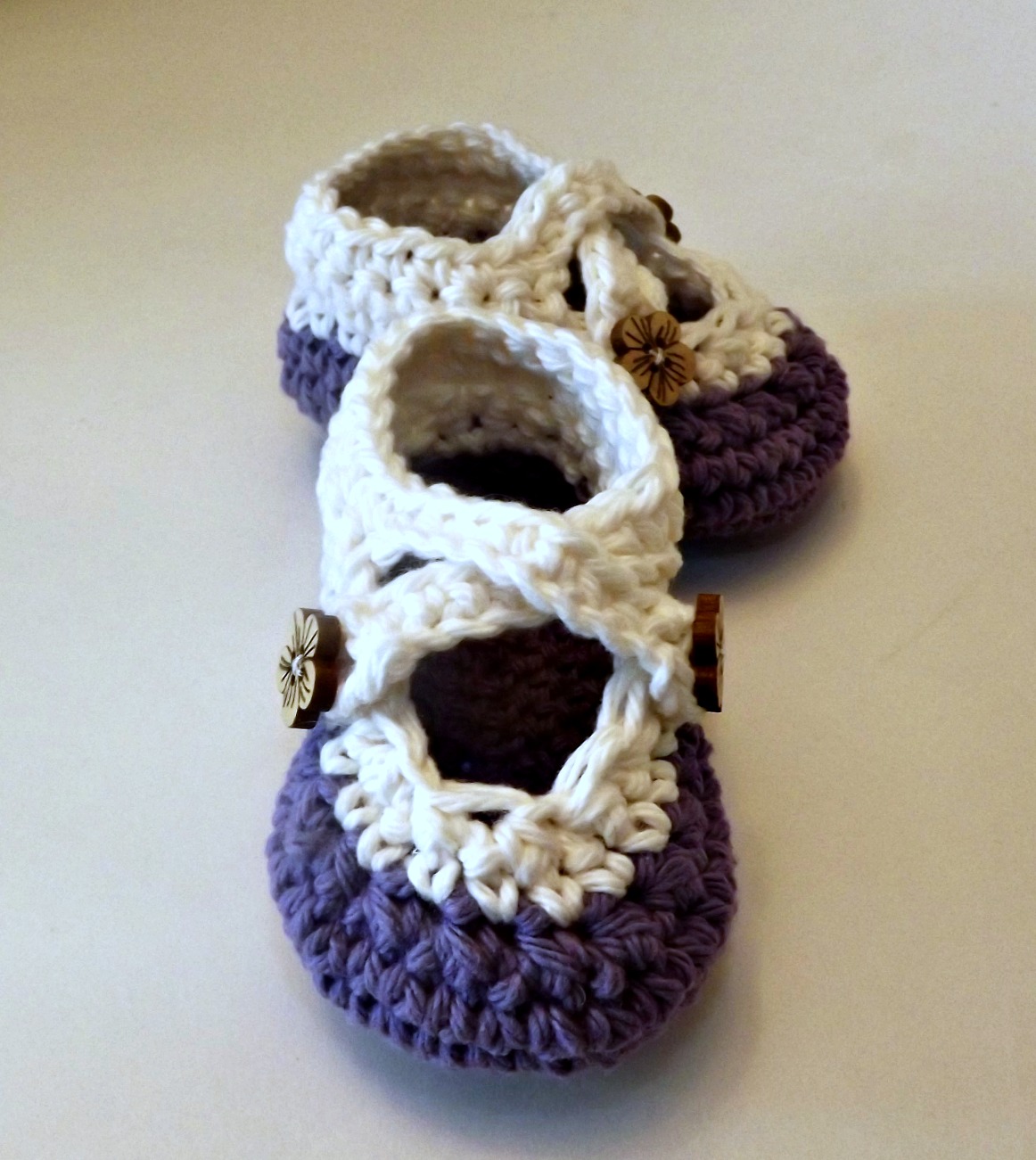 Crochet Two Strap Baby Booties, Lavender Purple And Ivory With Wood Flower Buttons