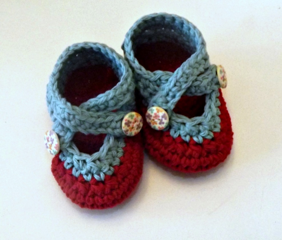 Crochet Two Strap Baby Booties, Cherry Red And Robins Egg Blue Cotton