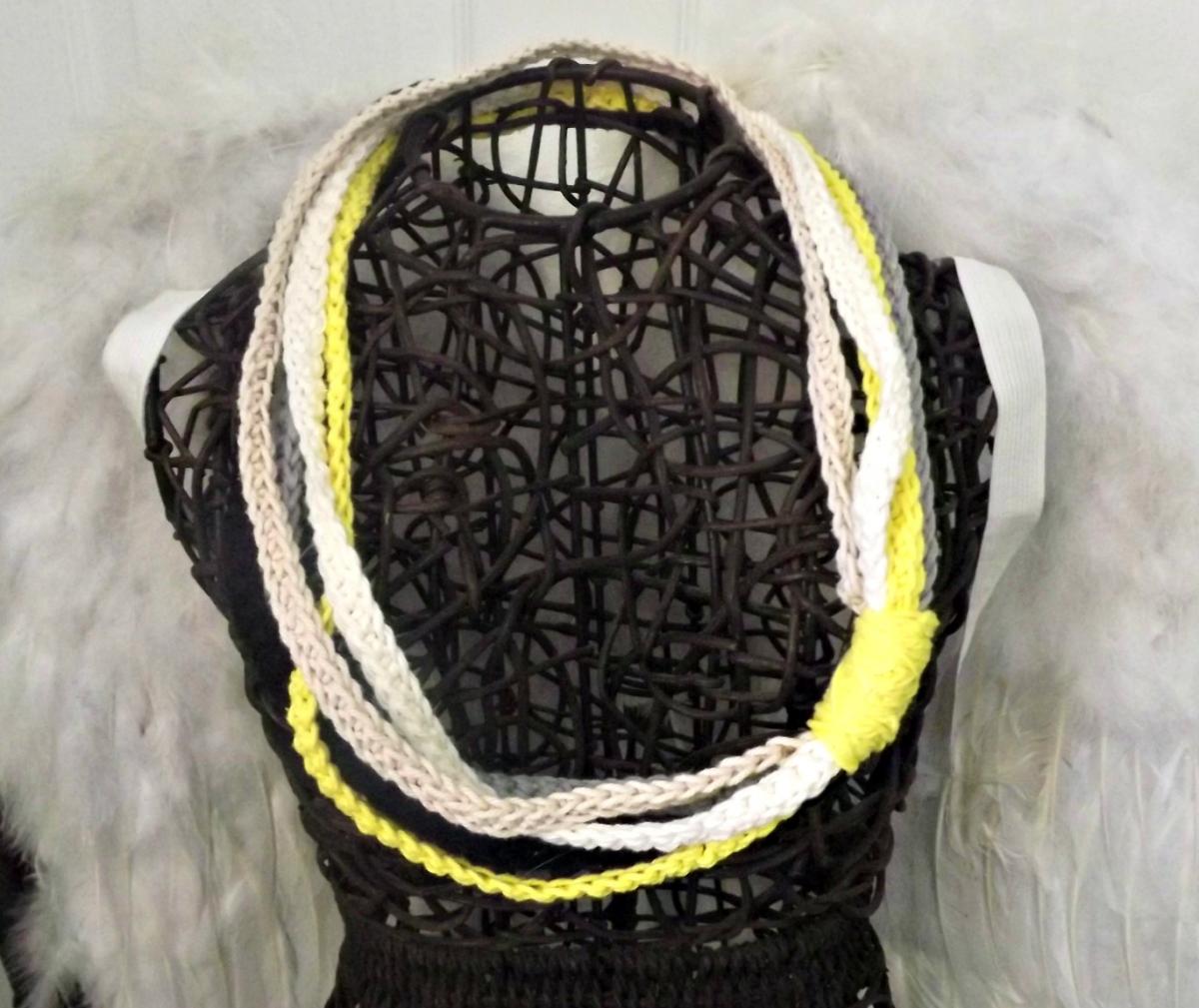Scarf Necklace, Crochet Multi Strand In Yellow, Black, Gray Cotton