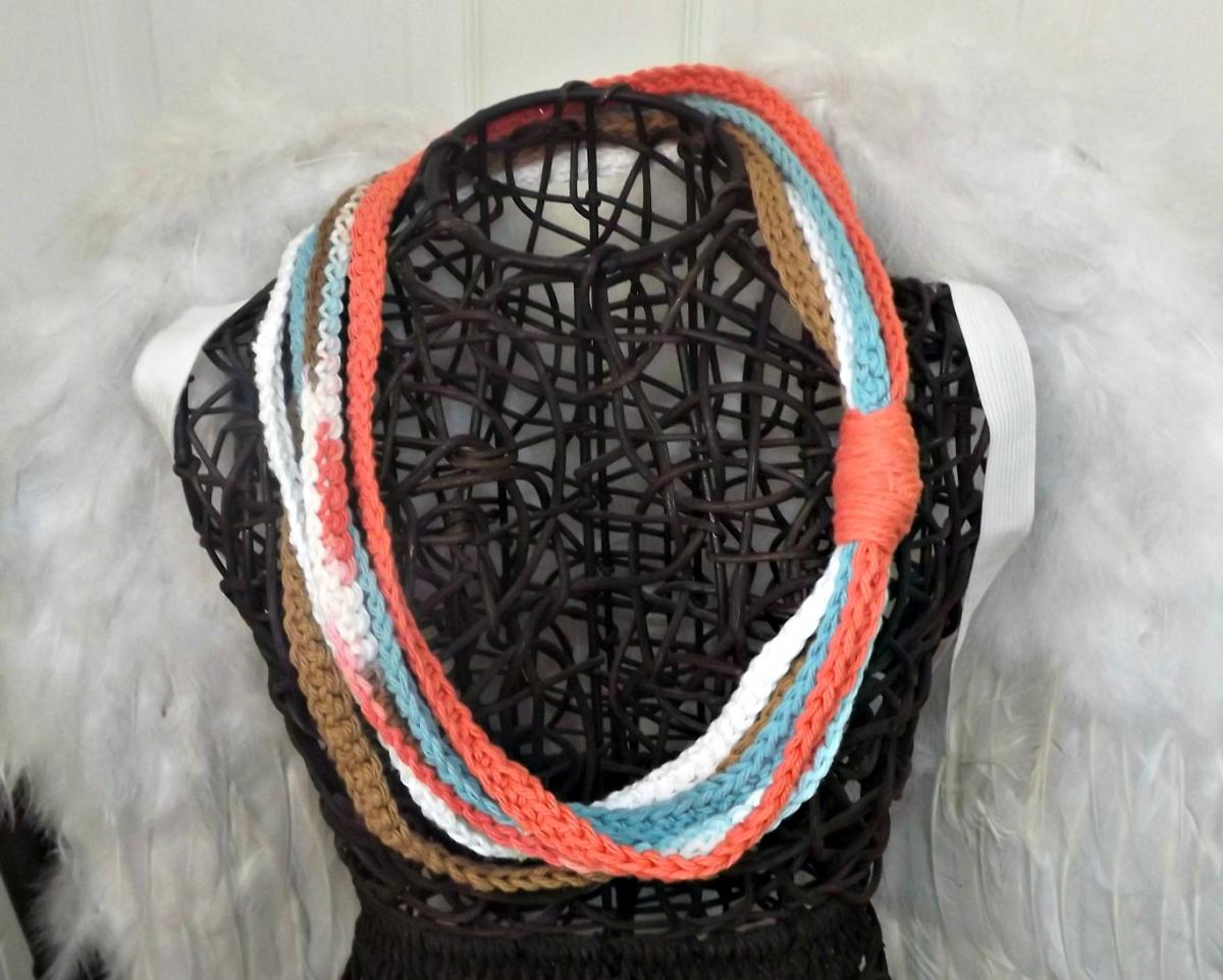 Scarf Necklace, Crochet Multi Strand In Peach, Blue, And Brown Cotton