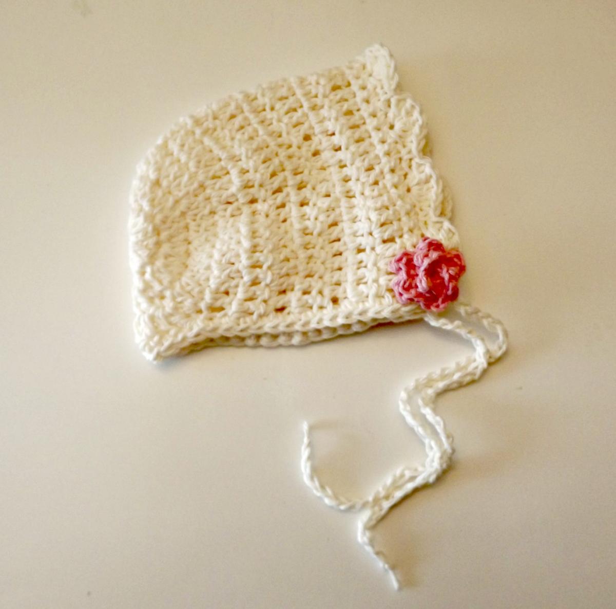 Crochet Baby Bonnet In Antique Ivory With Roses And Scallops Size 0-3 Months Ready To Ship
